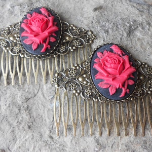 Pair of Red Rose Cameo Bronze Filigree Hair Combs - Hair Accessory - Hair Clips - Barrettes - Wedding - Bridal - Formal - Prom - Evening