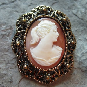 Choose Gold Plated or Silver Plated - Genuine Italian Hand Carved Antique Shell Victorian Woman Cameo Brooch, Pin