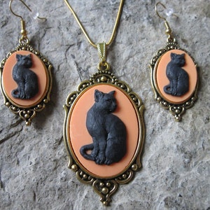 Choose Gold, Bronze or Silver - Halloween Black Cat Necklace and Earring Set - Black - Orange - Witch - Costume - Spooky - Scary