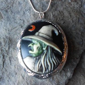 Halloween Witch Locket - Hand Painted -  2&quot; long--- Witch Hat, Moon, Halloween, Antique Look--- Great Quality!!