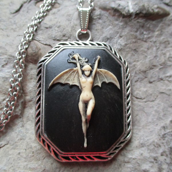 Choose Silver, Gold, Bronze - Vampire, Vampiress, Bat Woman Cameo Bronze Necklace - Victorian Goth - Goth - Dark - Devil - Demon