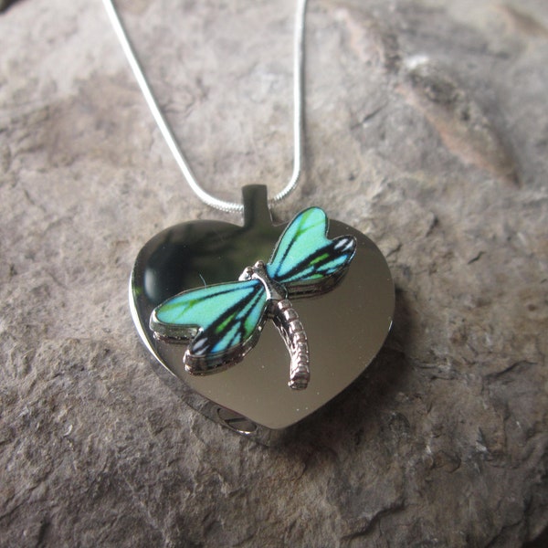 Choose Aqua, Purple or Green -Dragonfly Stainless Steel Heart Urn Necklace - Ashes - Locket of Hair - Memorial - Flowers - Cremation Jewelry