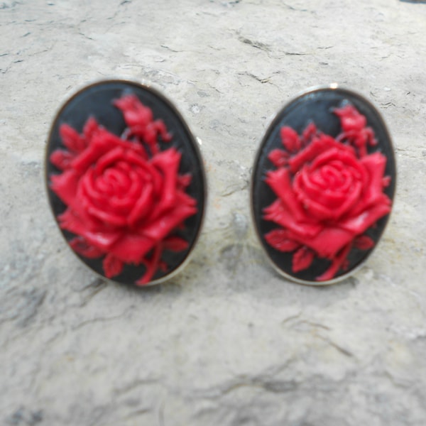 Pair of Cameo Cuff Links - Red Rose - Black - Christmas- Quality - Cufflinks - Scarf Pin, Scarf Clip