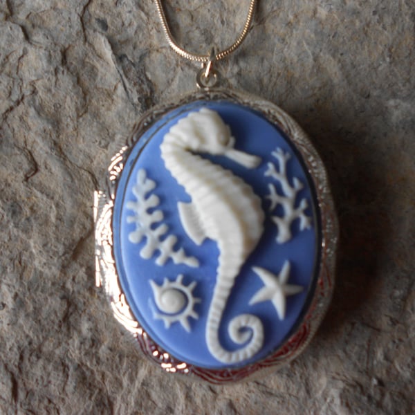 LOCKET--Stunning Seahorse Pendant Locket--  2" long---.925 plated 22" Chain--- Great Quality