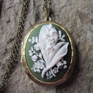Choose Bronze or Silver - Lily of the Valley Cameo Locket - Victorian - High Quality - Bridal - White - Green - Weddings, Photos, Keepsakes