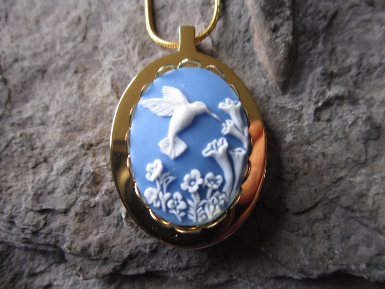 Hummingbird on Sky Blue Cameo Stainless Steel Urn Necklace Stainless Steel or Gold Plated Ashes -Lock of Hair- Bird Memorial Urn