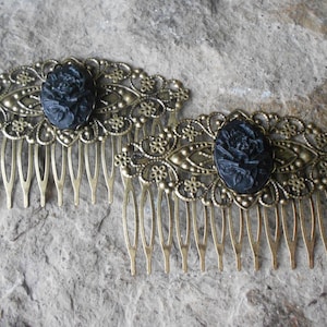 Pair of Black Rose Cameo Bronze Filigree Hair Combs - Hair Accessory - Hair Clips - Barrettes - Wedding - Bridal - Formal - Prom - Evening