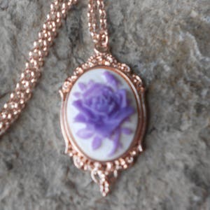 Choose Purple/White or Purple/Black Rose Cameo Rose Gold Tone Copper Pendant Necklace - Unique