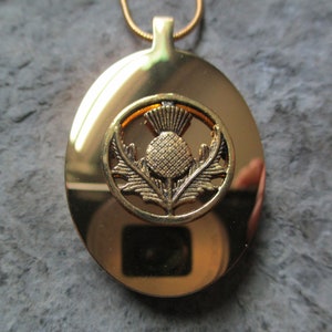 May include: A gold oval pendant necklace with a circular cutout featuring a stylised thistle design. The pendant is on a gold chain.