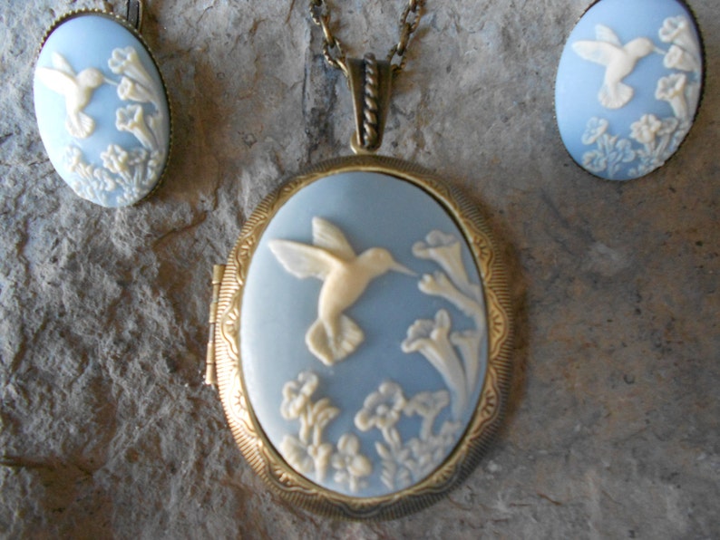 Quality Hummingbird Bronze Locket and French Lever Back Earrings Set - Antiqued Look Blue Wedding -Bridesmaid