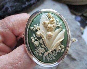 Elija verde, negro, lavanda, azul o burdeos - Pulsera de puño plateada de lirio del valle Cameo - Calidad - Única - Boda - Novia