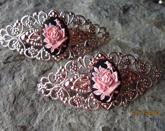 Choose Pink Rose or Black Rose -Pair of Rose Cameo Antiqued Filigree Barrette - Handmade - Hair Accessory - Peace - Gift - Accessory