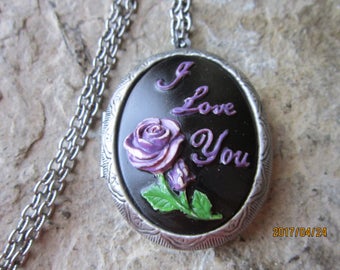 Choose Purple or Red - Antique Silver Plated I Love You with a Rose Cameo Locket!!! Photos, Keepsakes