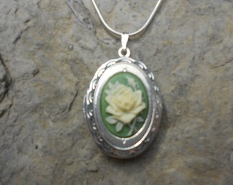 Cameo Locket - Cream Rose on a Green Background - High Quality - Bridal - Weddings, Photos, Keepsakes