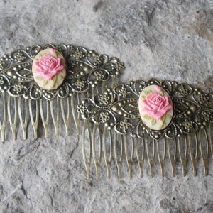 Pair of Pink Rose Cameo Bronze Filigree Hair Combs - Hair Accessory - Hair Clips - Barrettes - Wedding - Bridal - Formal - Prom - Evening