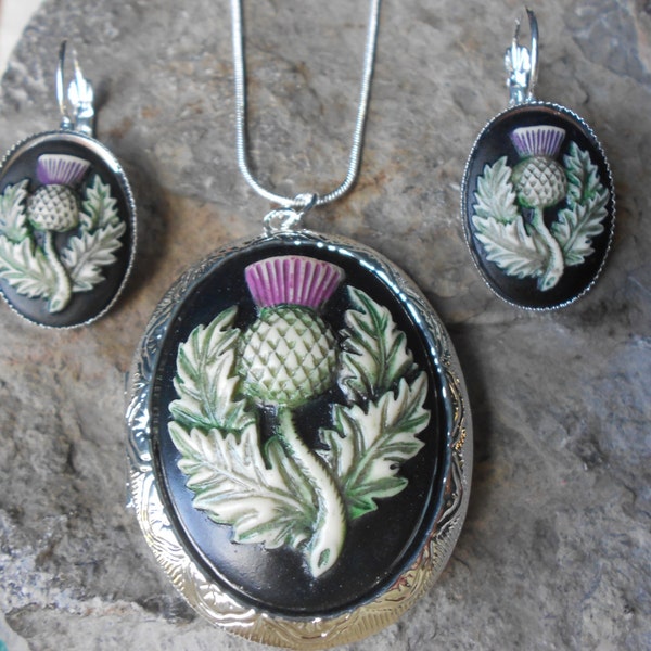 Hand Painted Cameo Locket and Earrings Set - Scottish Thistle Cameo, Silver Plated, Scotland, Celtic, Scottish Heritage, Unique