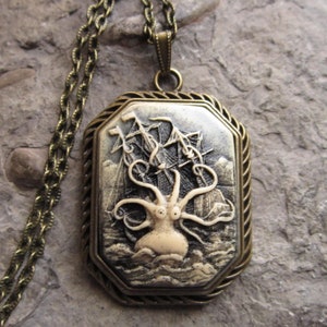 Hand Painted Kraken and Clipper Ship in Waves Cameo Bronze Necklace - Octopus - Squid - Unique - Sea Monster - Victorian Goth - Steampunk