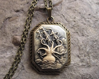 Hand Painted Kraken and Clipper Ship in Waves Cameo Bronze Necklace - Octopus - Squid - Unique - Sea Monster - Victorian Goth - Steampunk