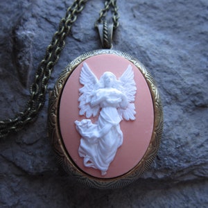 Choose From Peach, Purple, Burgundy, Sky Blue - Guardian Angel Cameo Bronze Locket - Religious -  Easter - Christmas