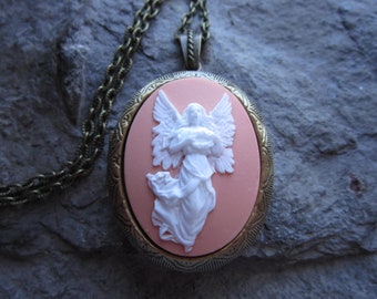 Kies uit perzik, paars, bourgondië, hemelsblauw - Beschermengel Cameo Bronzen Medaillon - Religieus - Pasen - Kerstmis