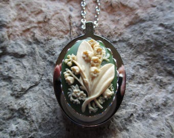 Choose Green, Black, or Blue - Lily of the Valley Cameo Stainless Steel Urn Necklace - Ashes - Floral - Memorial Jewelry