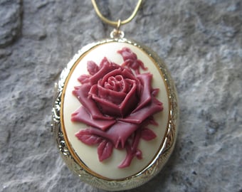 Choose Gold or Bronze - Burgundy - Maroon - Red Rose on Cream Cameo Locket!!! Victorian, Weddings, Photos, Keepsakes