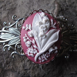 Choose Silver, Gold or Bronze - Lily of the Valley Cameo Silver Filigree Barrette on Dark Pink - Raspberry - Bridal Accessory - Floral