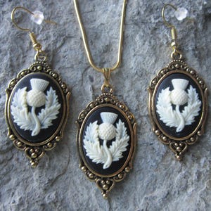 Scottish Thistle Cameo Pendant Necklace and Earrings Antiqued Gold Set - Scotland - Celtic - Great Quality