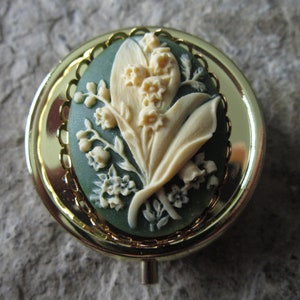 Choose Color- Gold Tone Lily of the Valley Cameo Pill Box - Medication Case - Pill Case - Meds - Medication Organizer