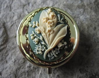 Choose Color- Gold Tone Lily of the Valley Cameo Pill Box - Medication Case - Pill Case - Meds - Medication Organizer