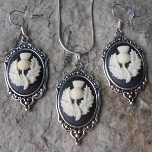 Stunning 2 Piece Set- Scottis Thistle Cameo Necklace and Earrings.925 plated 22&quot; Chain - Scotland, Scottish, Scottish Emblem, Great Quality