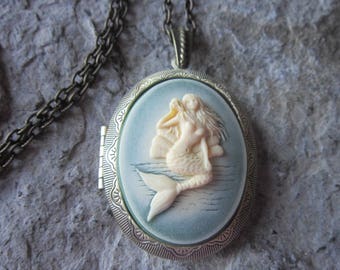 Choose Green, Black, Purple or Blue - Mermaid Cameo Bronze Lockets -  2" Long - Antique Look - Nautical, Tropical, Ocean, Vacation, Cruise