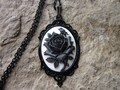 Choose Black Rose on White or White Rose on Black Cameo Necklace - Black Setting