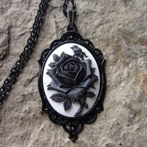 Choose Black Rose on White or White Rose on Black Cameo Necklace - Black Setting