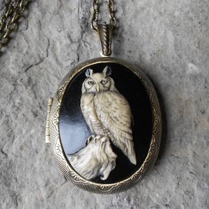 BRONZE LOCKET - Hand Painted Great Horned Owl Pendant Locket -  2&quot; long - Great Quality