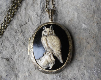 BRONZE LOCKET - Hand Painted Great Horned Owl Pendant Locket -  2" long - Great Quality