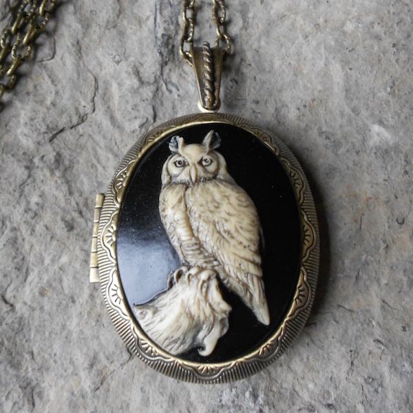 BRONZE LOCKET - Hand Painted Great Horned Owl Pendant Locket -  2" long - Great Quality