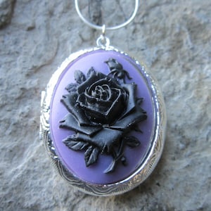Choose Silver or Bronze - Black Rose on Purple Cameo Locket!!! High Quality!!!  Weddings, Photos, Keepsakes, Goth, Rockabilly, Punk
