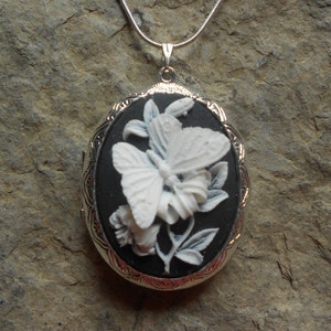 LOCKET--Stunning Butterfly (white on black) Pendant Locket--  2&quot; long-- Great Quality