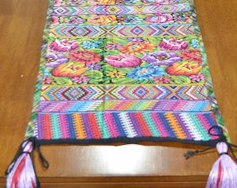 Embroidered Flowers Table Runner: Guatemalan Huipil, Geometric Motifs