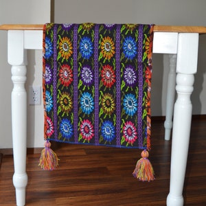 Multicolored table runner, Flowers table runner, Blue birds table runner, Zunil Guatemala tassel wall hanging, Hand embroidered wall hanging