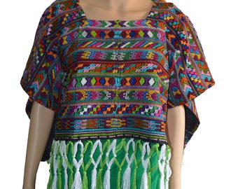 Vintage huipil Chevron huipil Guatemalan huipil Embroidered geometric cape Fringed poncho Woven multicolored poncho Vintage Mayan blouse