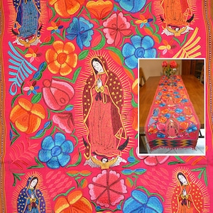 Virgin of Guadalupe table runner Embroidered flowers wall hanging Guatemalan colorful table runner Virgen de Guadalupe table runner