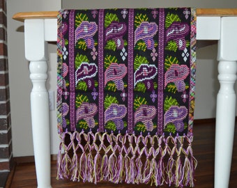 Fringed table runner, Flowers table runner, Calla Lily table runner, Zunil Guatemala table dinner, Purple black blue tones wall hanging