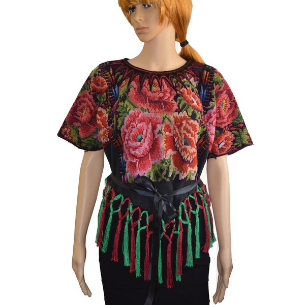 Tassel blouse Fringe huipil Embroidered floral blouse Colorful huipil Guatemalan huipil Handwoven vintage Black huipil Flowers Mayan blouse