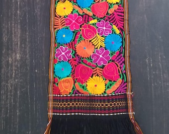 Embroidered Guatemalan Cotton-Silk Table Runner, Handwoven Floral Textile