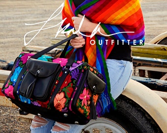Leather Floral Embroidered Duffel Bag: Boho Travel Carry-On