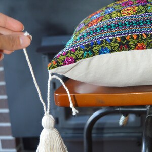 Embroidered Floral Rooster Pillow Cover: Guatemalan Cotton Tassel Cushion image 10