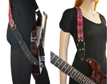 Guitar strap, leather guitar strap, Embroidered guitar strap, Acoustic electric guitar strap, Adjustable guitar strap, Leather bass strap