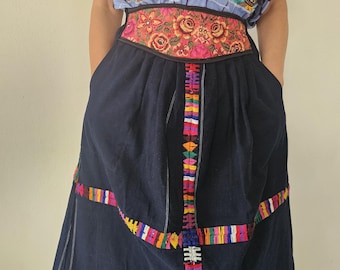 Maxi skirt Indigo‑dyed Cotton Denim: Vintage 70s Guatemalan Nahuala Corte